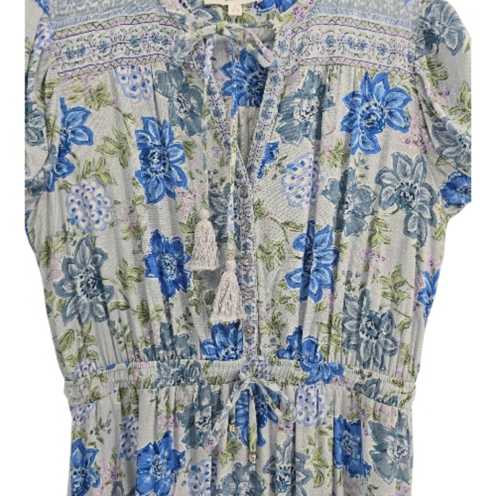 Lucky Brand Blue Floral Tiered Boho Dress Size Large Long Sleeves V Neck - Picture 7 of 9